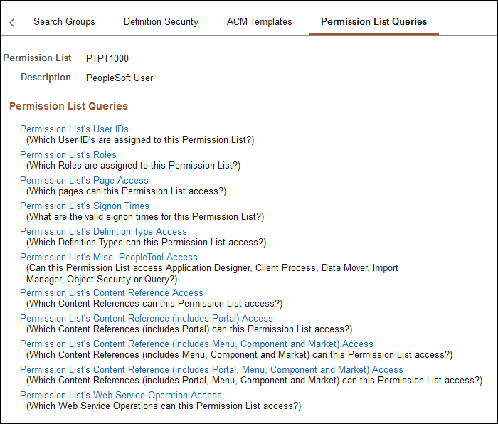 Permission Lists - Permission List Queries page