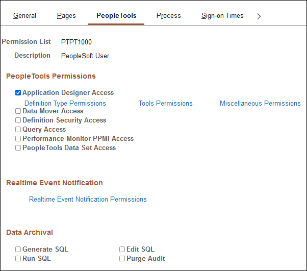Permission Lists - PeopleTools page