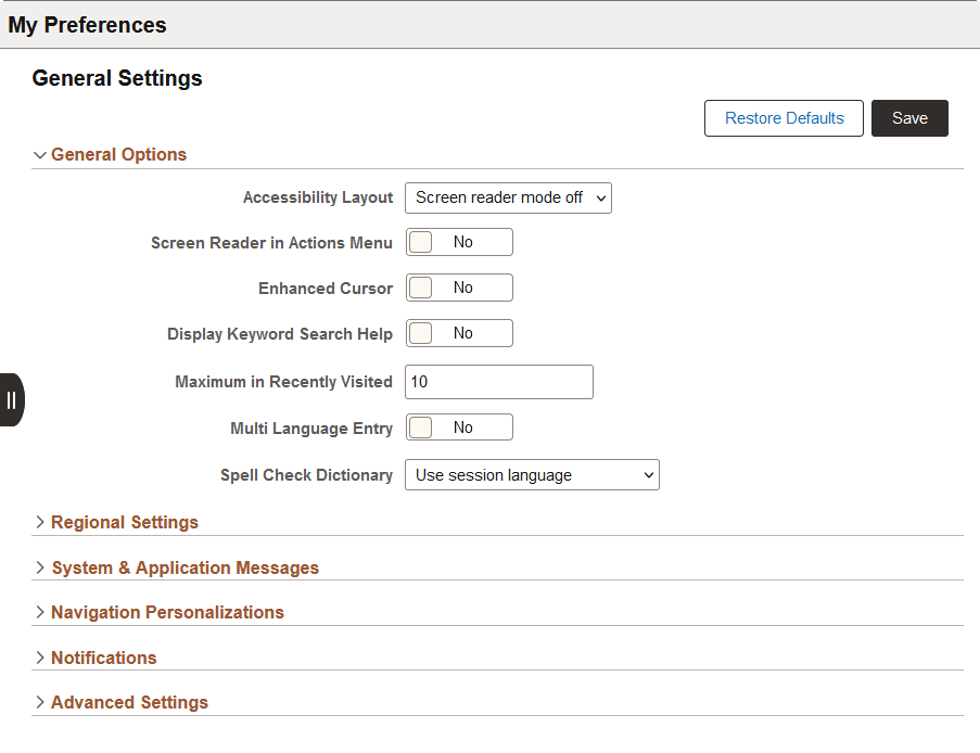 My Preferences page (after user modifications)