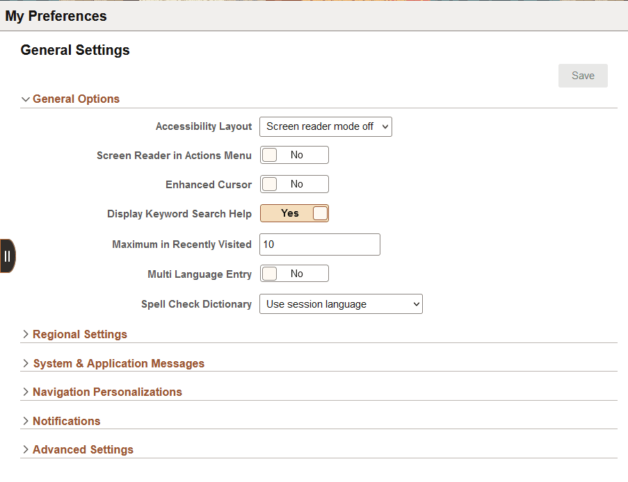 My Preferences page - General