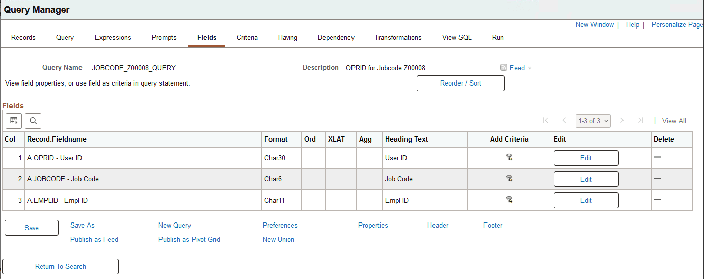 Query Manager - Fields page for a role query