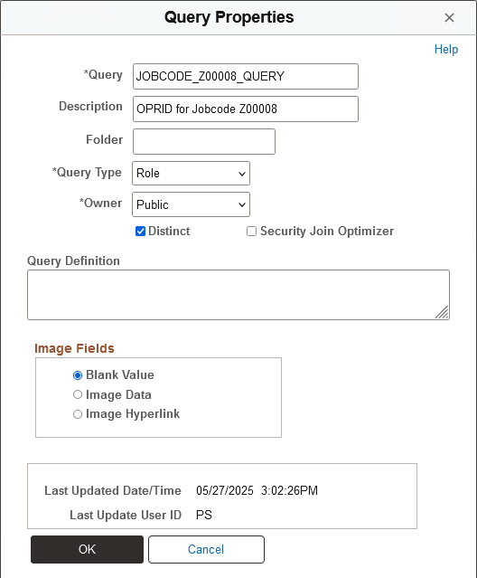 Query Properties page with Query Type = Role