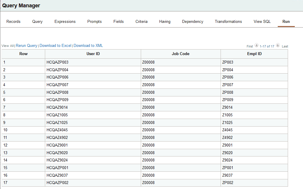 Query Manager - Run page for a role query