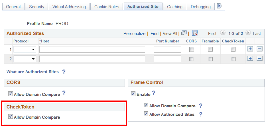 Authorized Sites page (Allow Domain Compare option)