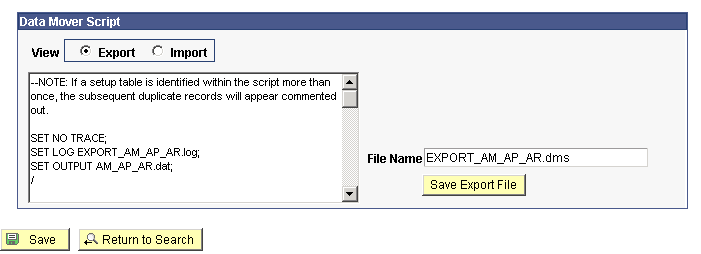 Generate Data Mover Script page (2 of 2)