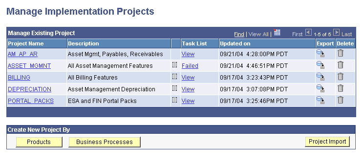Manage Implementation Projects page