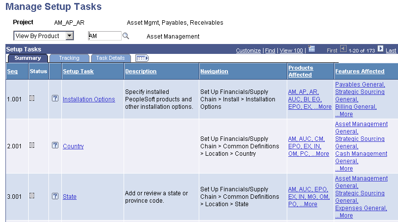 Manage Setup Tasks page, Summary tab