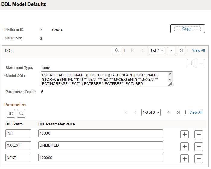 DDL Model Defaults page