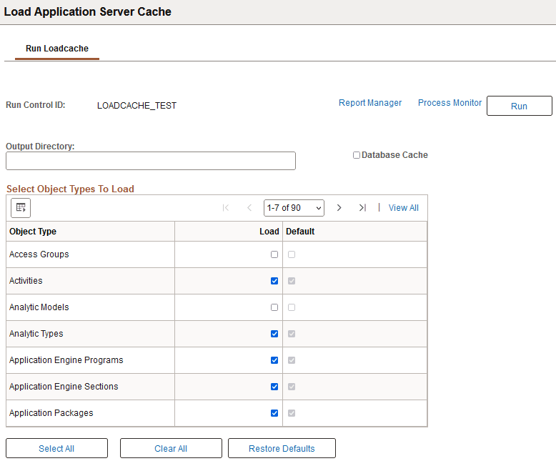 Load Application Server Cache page (1 of 2)