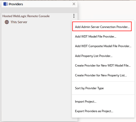 Providers menu in Oracle WebLogic Remote Console