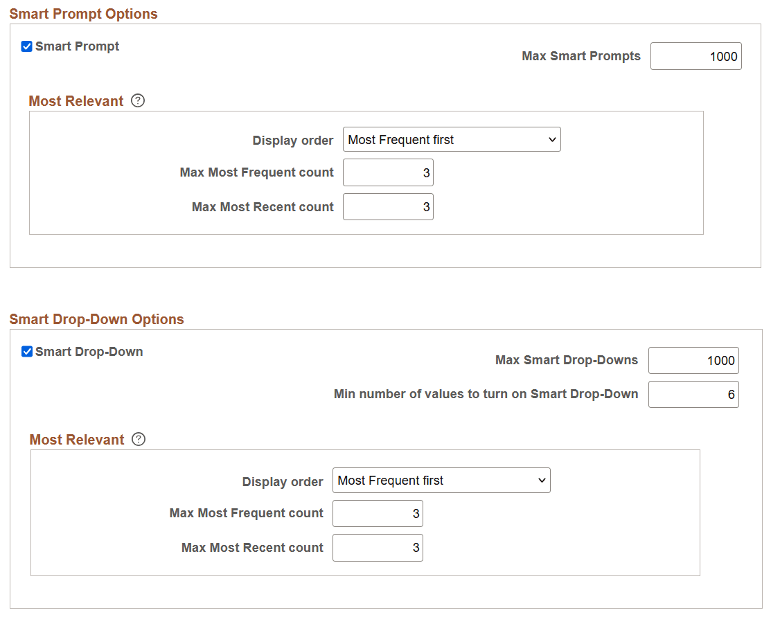 PeopleTools Options page: Smart Prompt Options and Smart Drop-Down Options