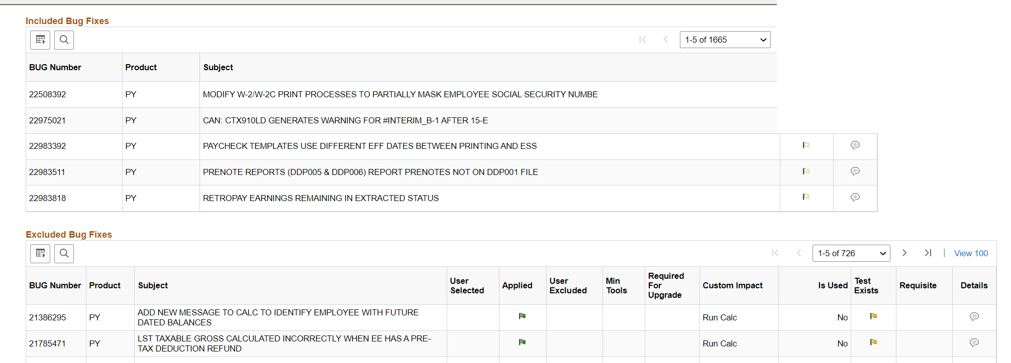 Review Change Package - Included Bug Fixes and Excluded Bug Fixes