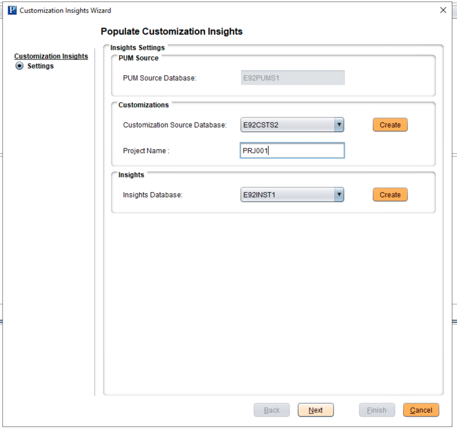 Defining the settings to populate the Insights