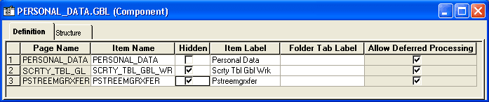 The Definition tab of the Updated Personal Data component