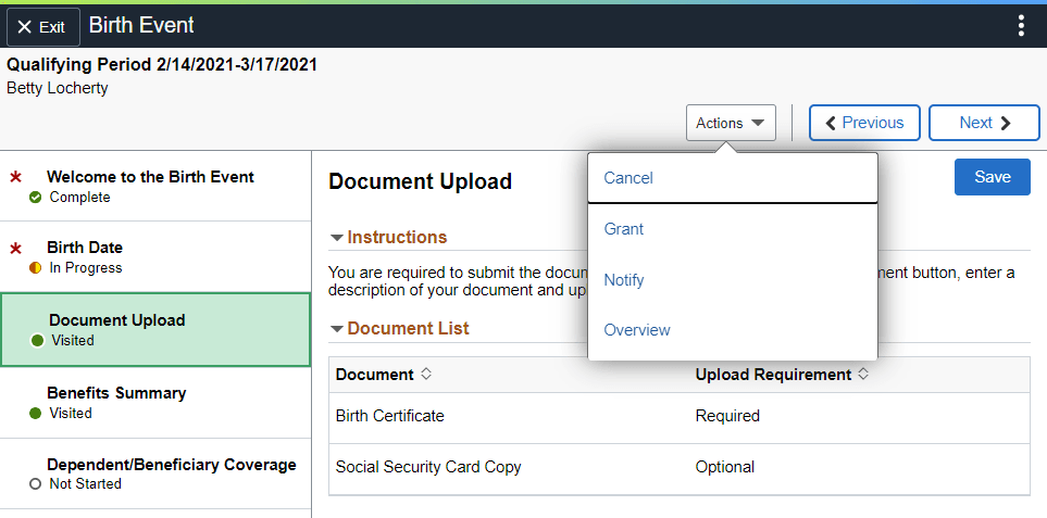 Activity guide with Actions button