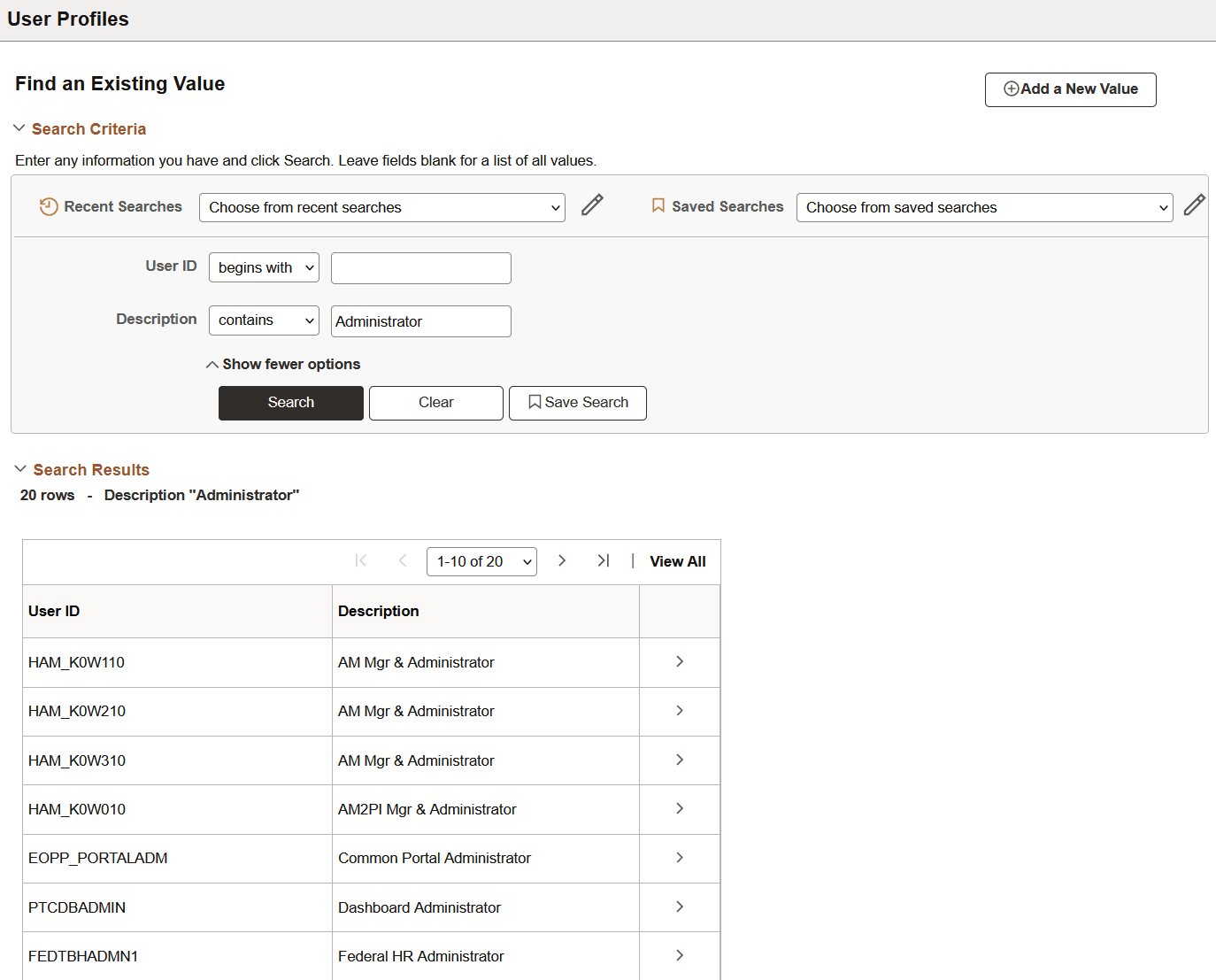 Advanced Search page showing a search where Description contains Administrator