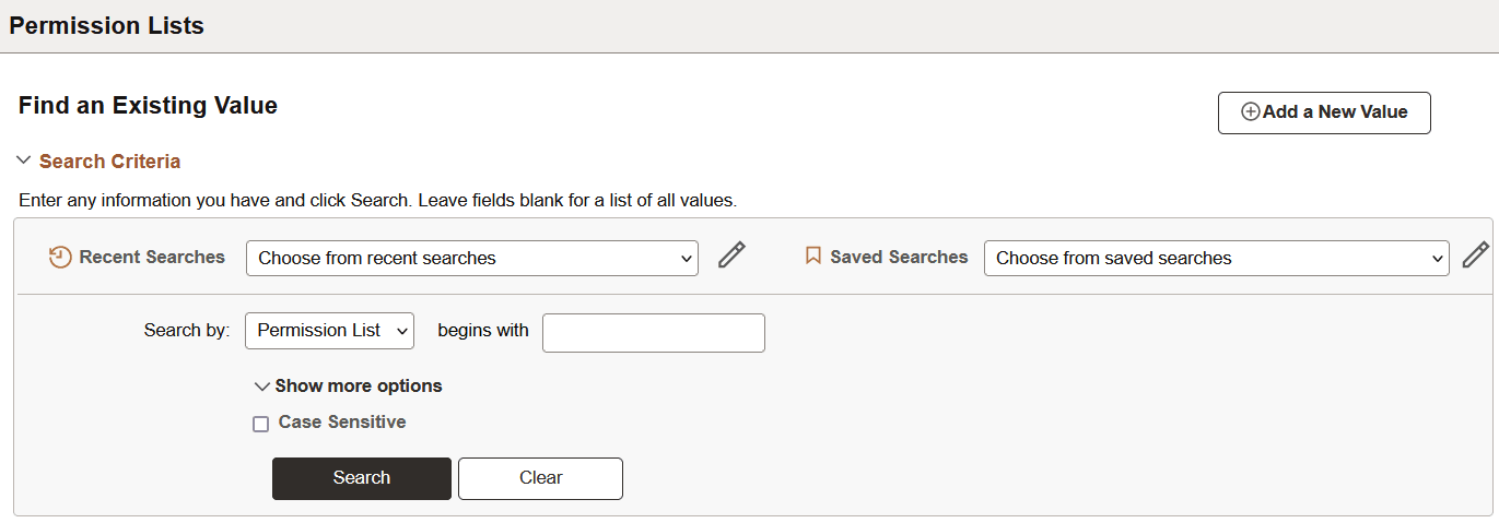 Permissions List - Basic Search page