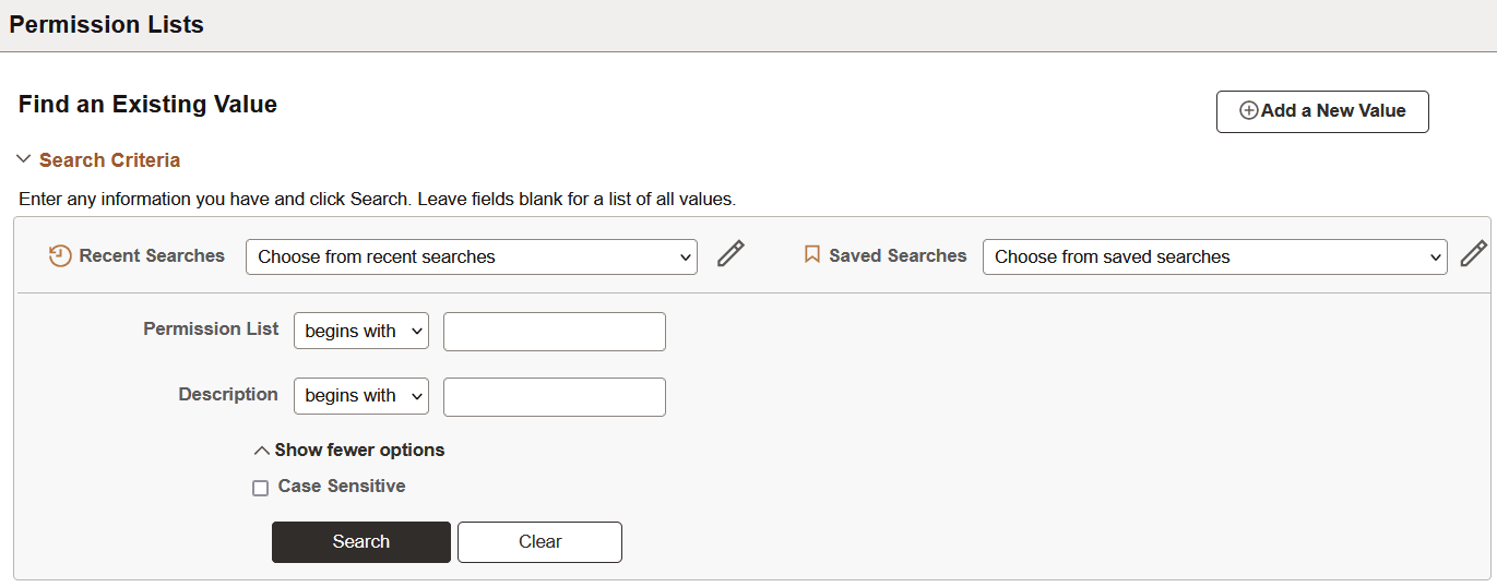 Permissions List - Advanced Search page