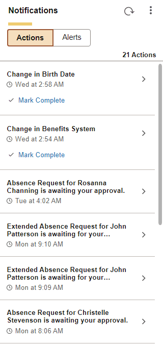 Notifications panel - Actions section