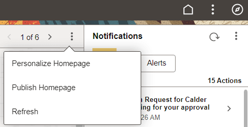 Homepage Actions menu