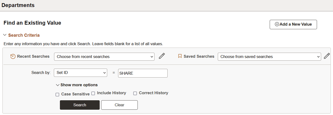 Search page showing the Include History and Correct History options