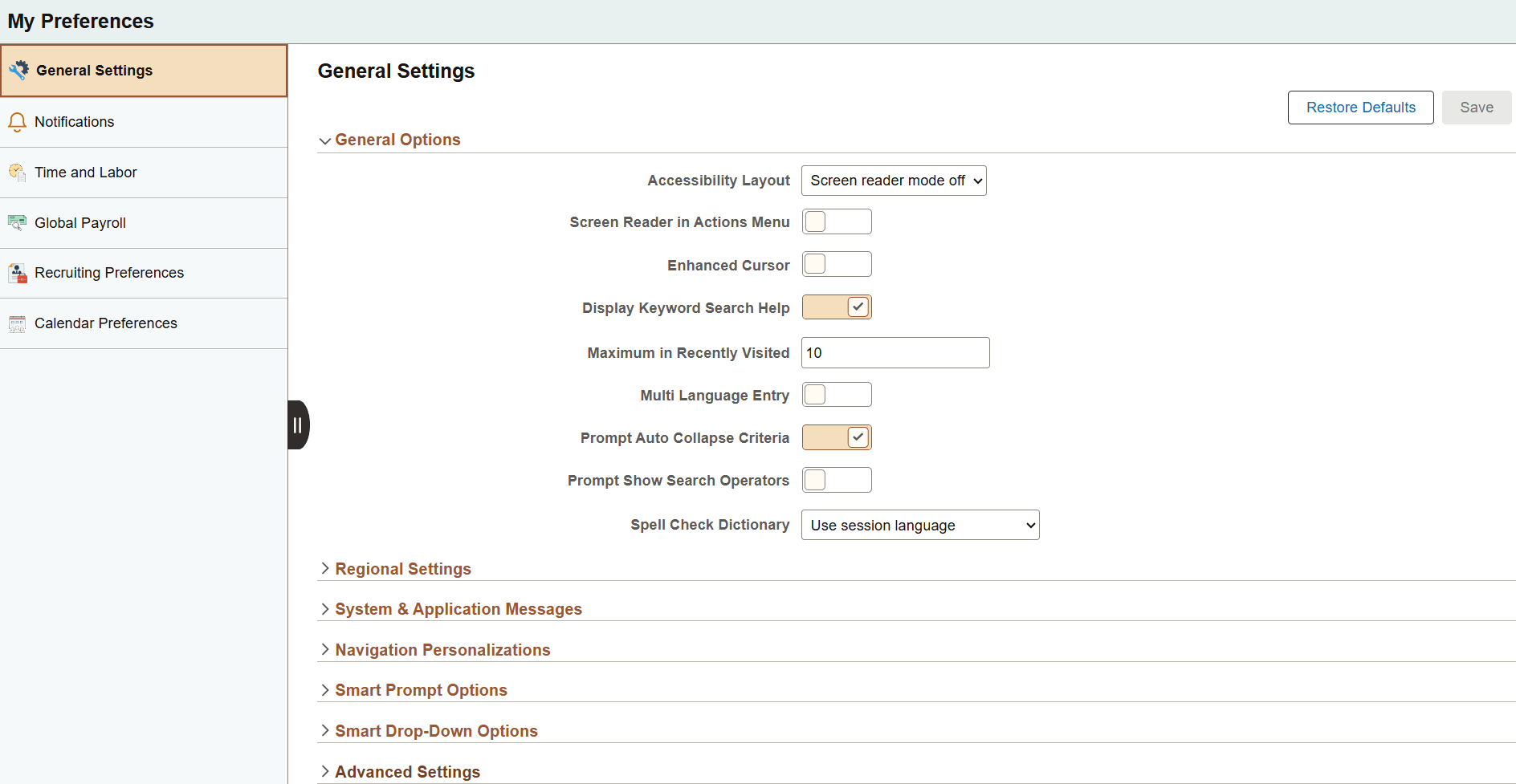 My Preferences - General Settings - General Options