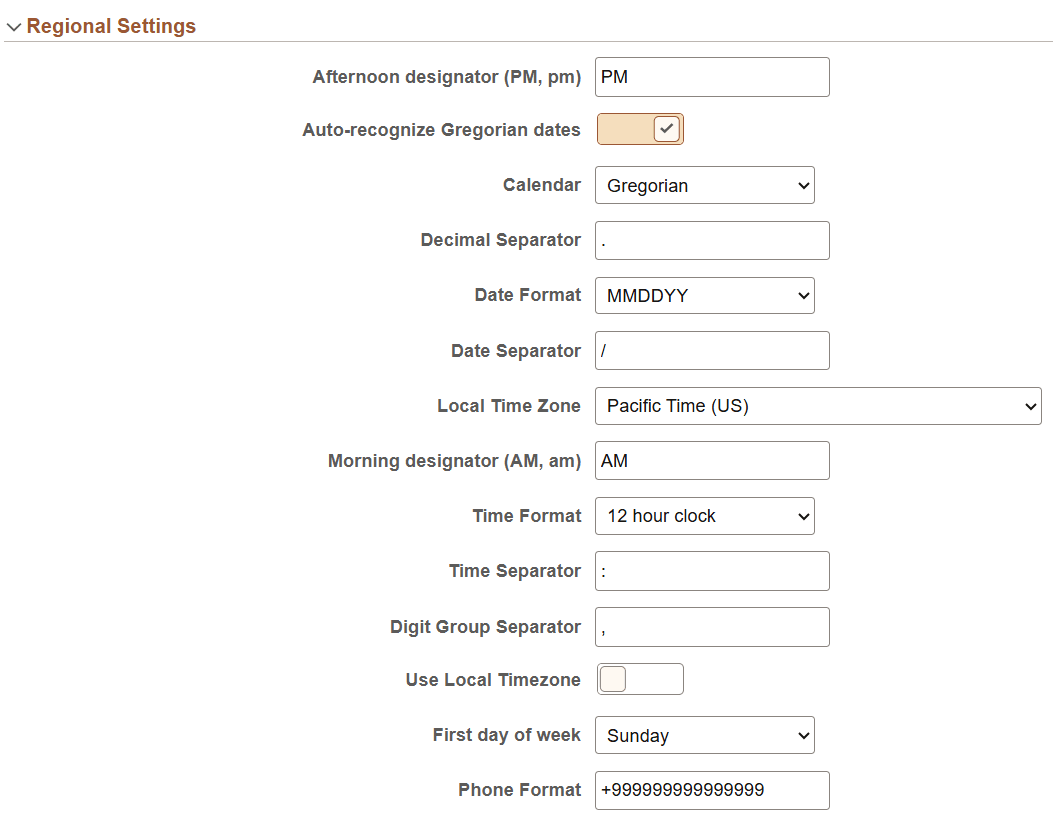 My Preferences - General Settings - Regional Settings