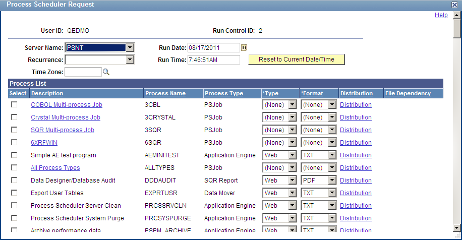 Process Scheduler Request page