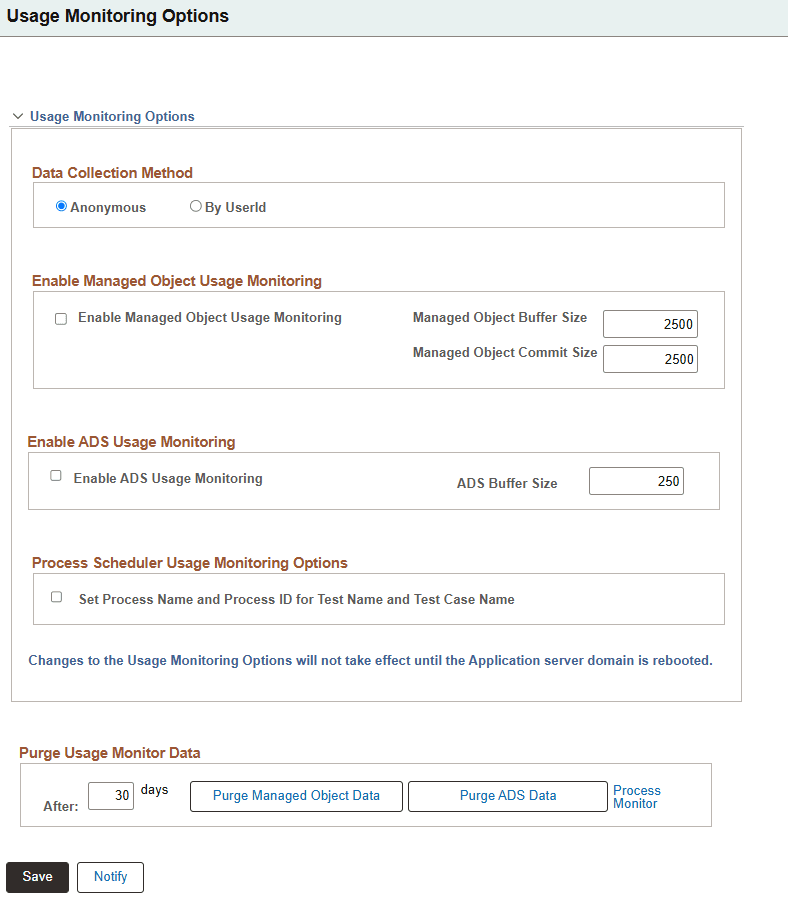 Usage Monitoring Options page