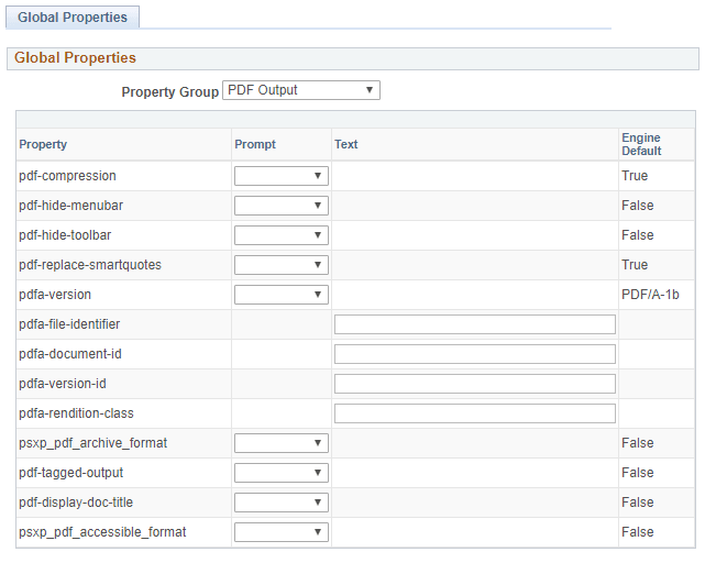 Global Properties page