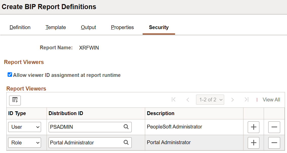 Report Definition-Security page