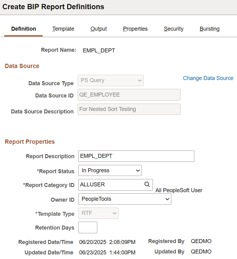Create BIP Report Definitions page specifying RTF template