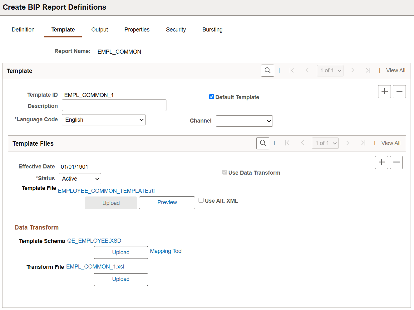 Template defined to use data transform