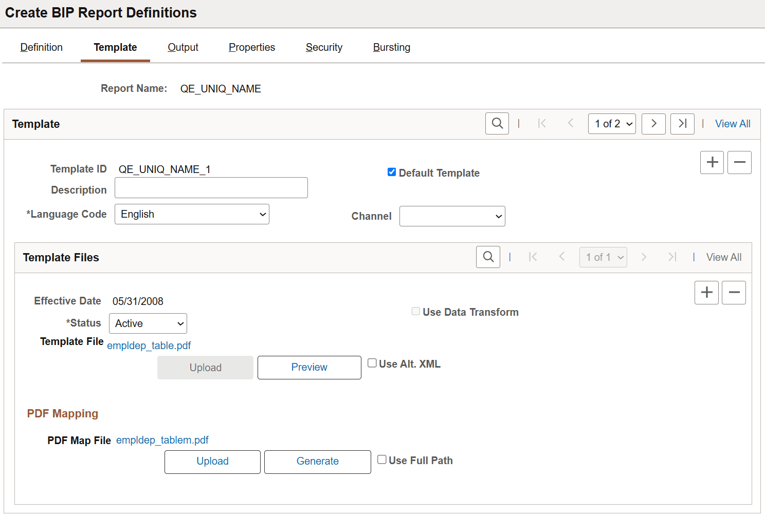 Template page for PDF mapping