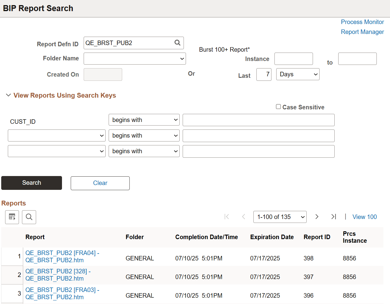 BIP Report Search page