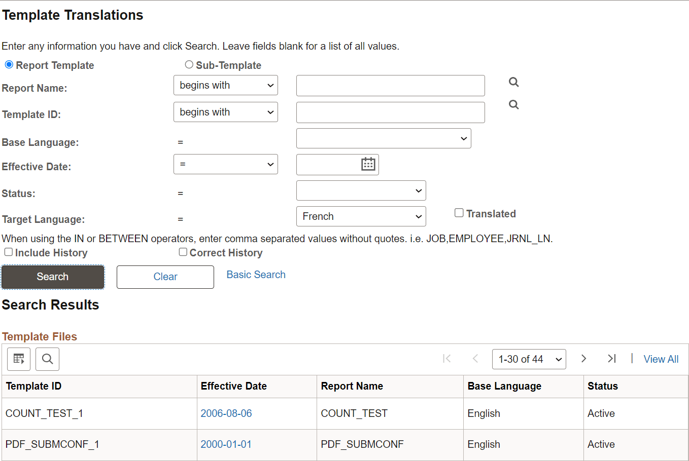 Template Translations Search page