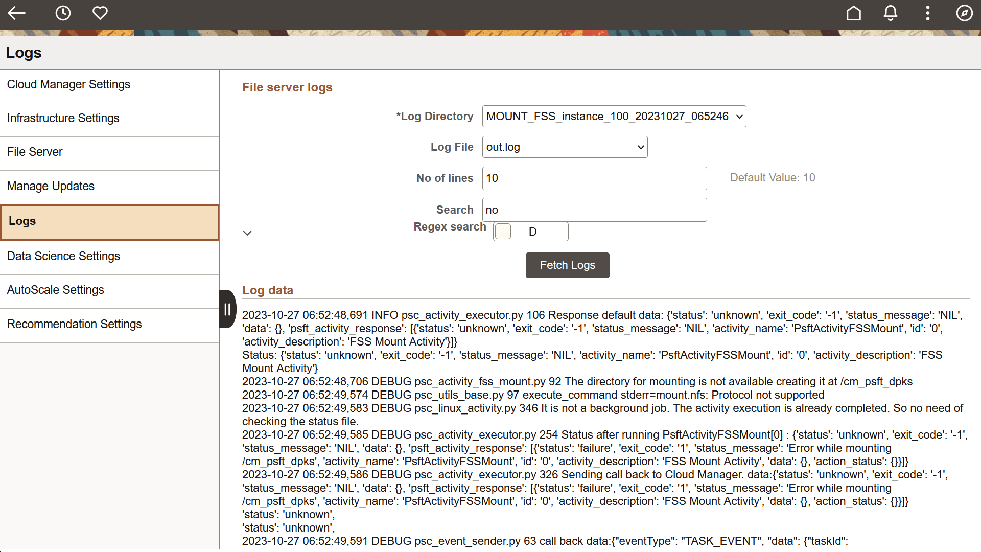 Logs page
