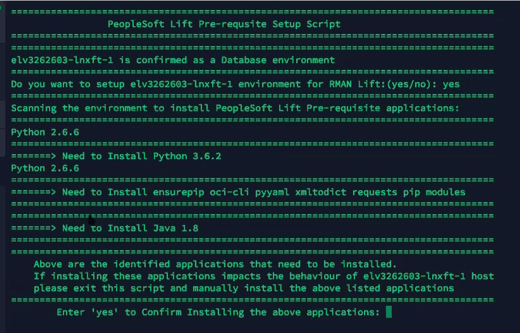 Example PeopleSoft Lift Prerequisite Setup Script for Database Environment