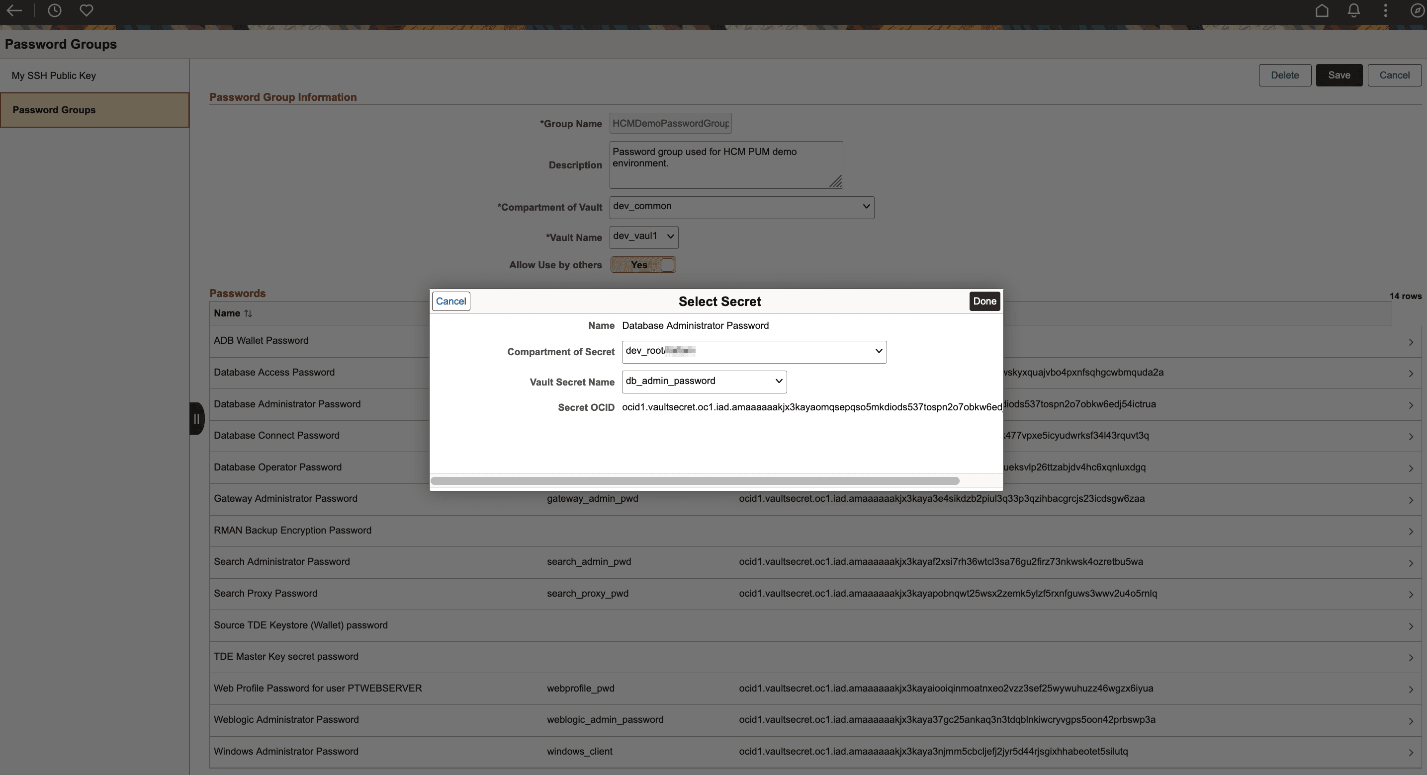 Selecting Secret in Password Group Information