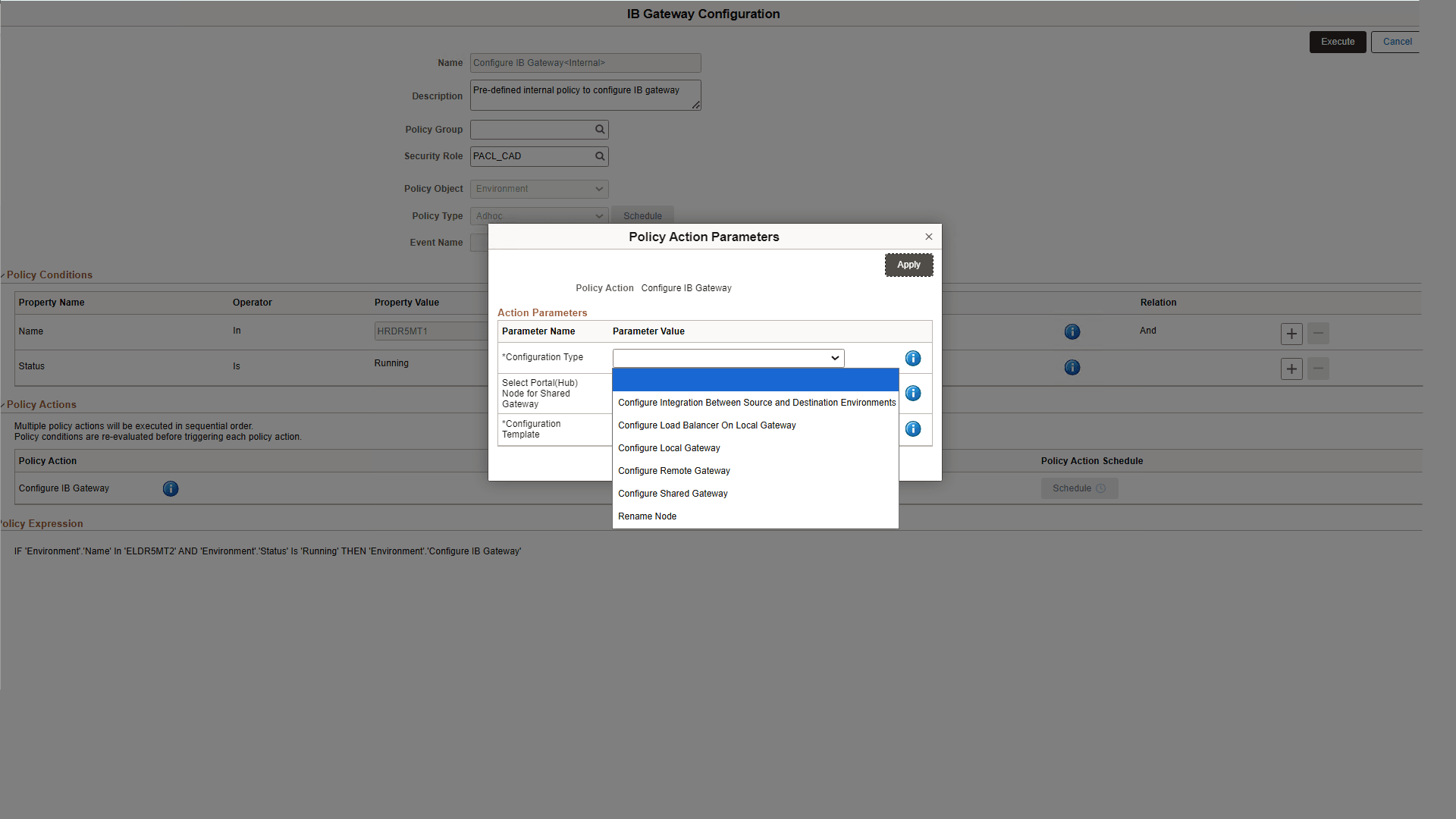 Parameter Values in Configuration Type field