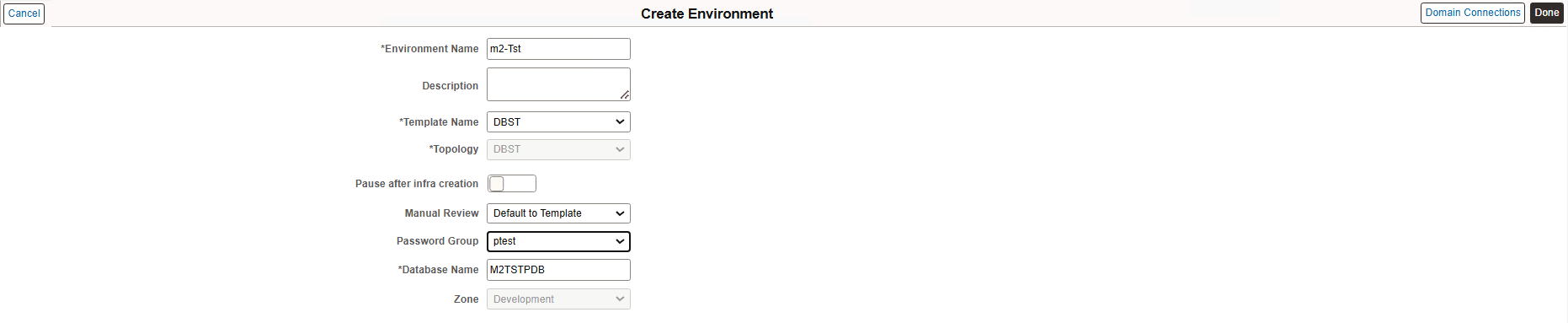 Create Environment page