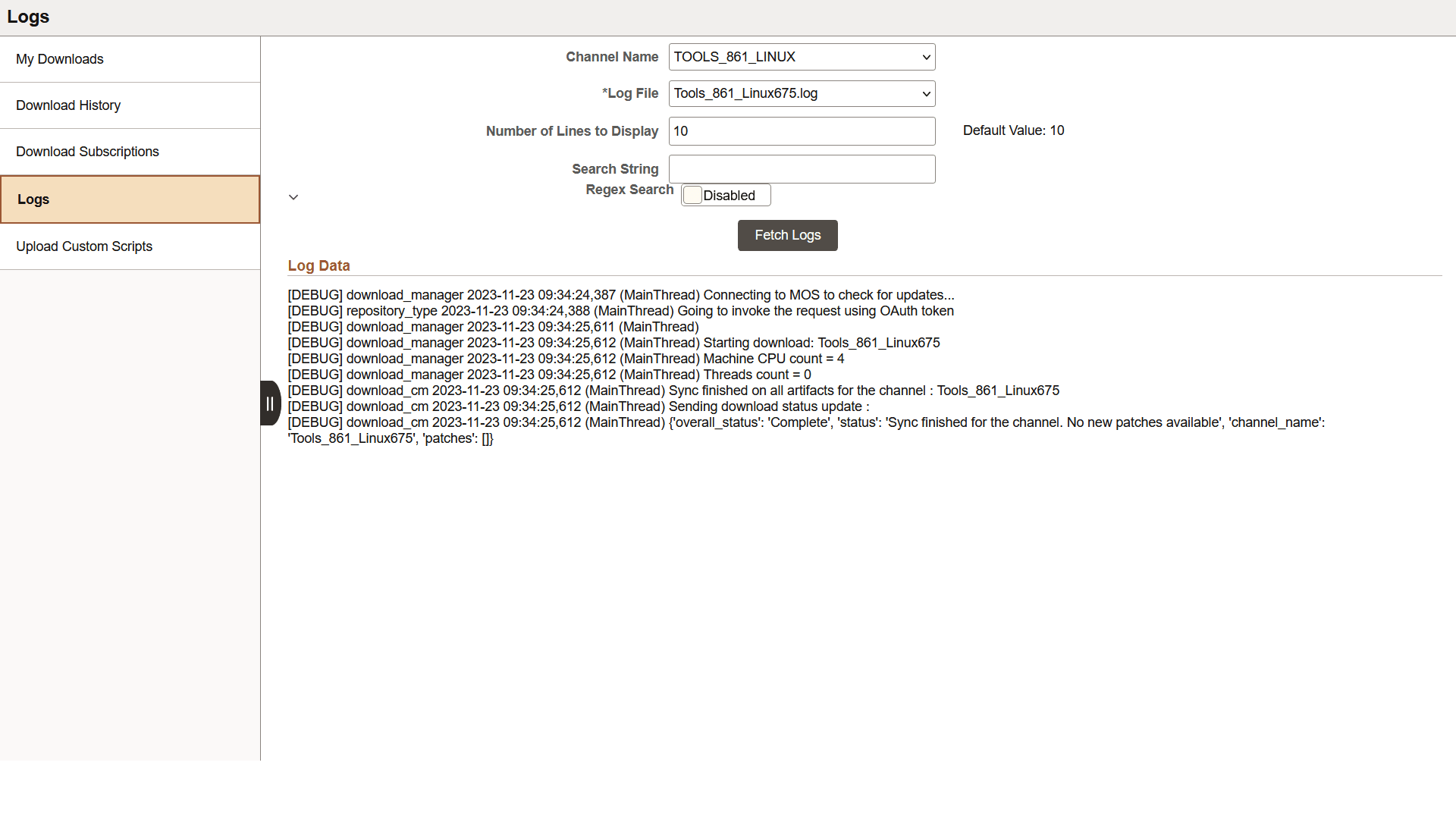 Logs page