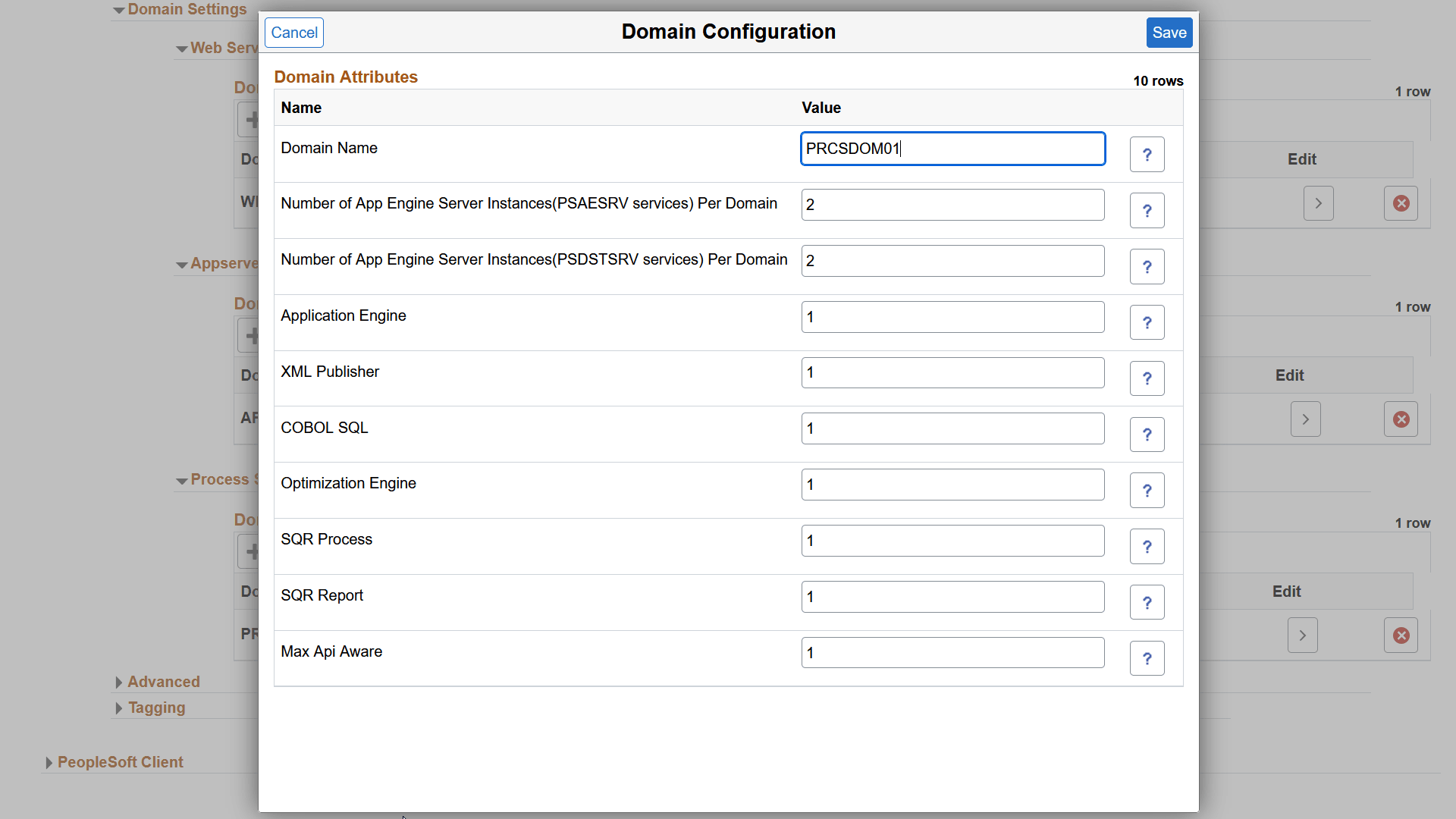 Domain Configurations on Create Environment page - Process Scheduler Server