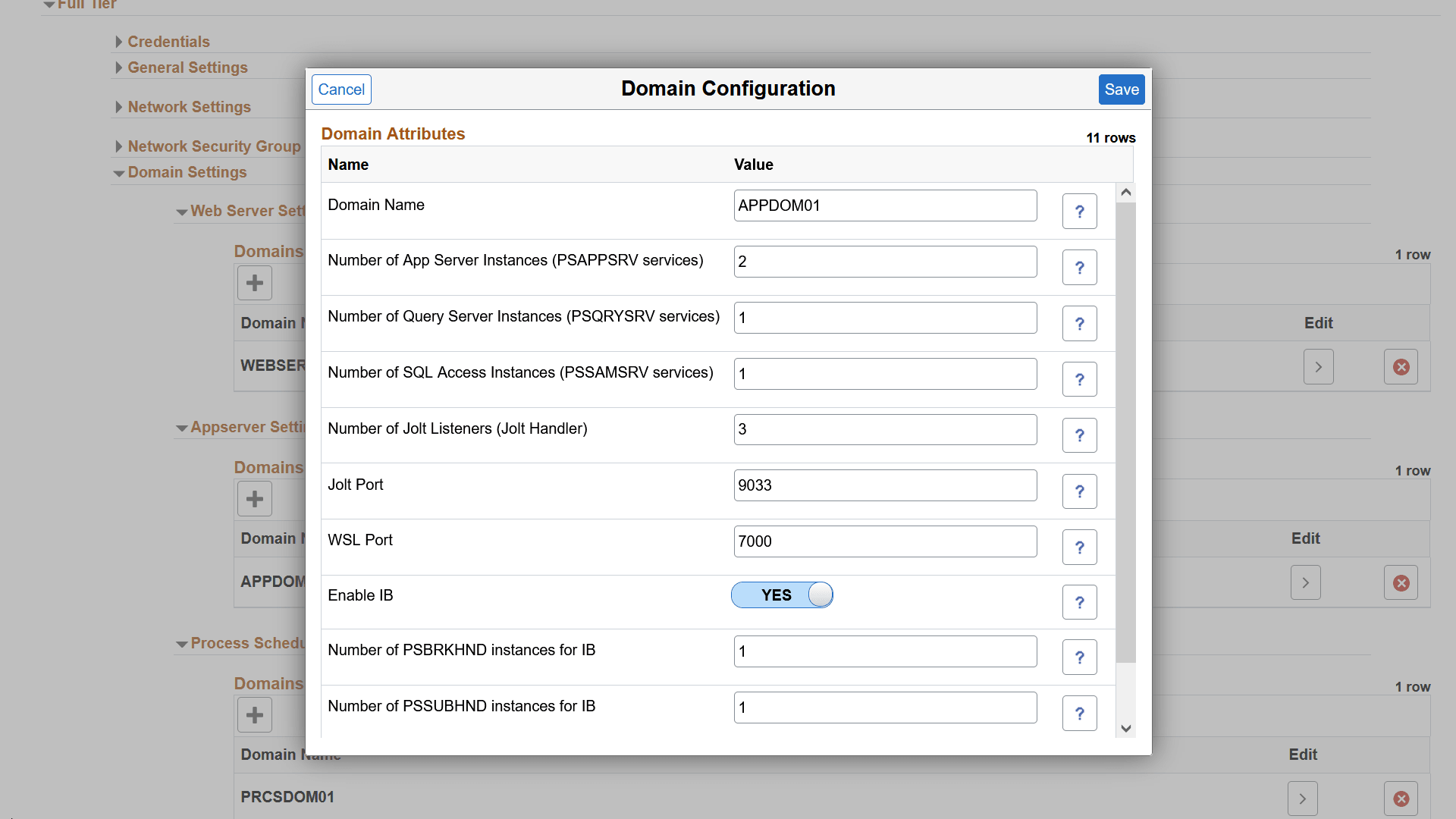 Domain Configurations on Create Environment page - App Server