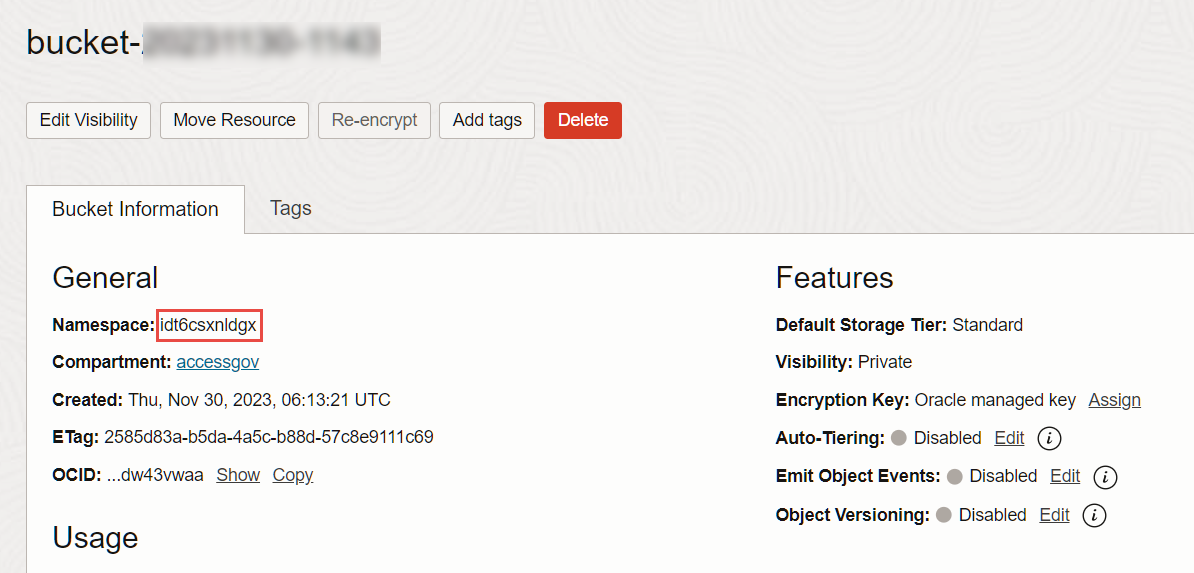 「バケット・ネームスペース」画面