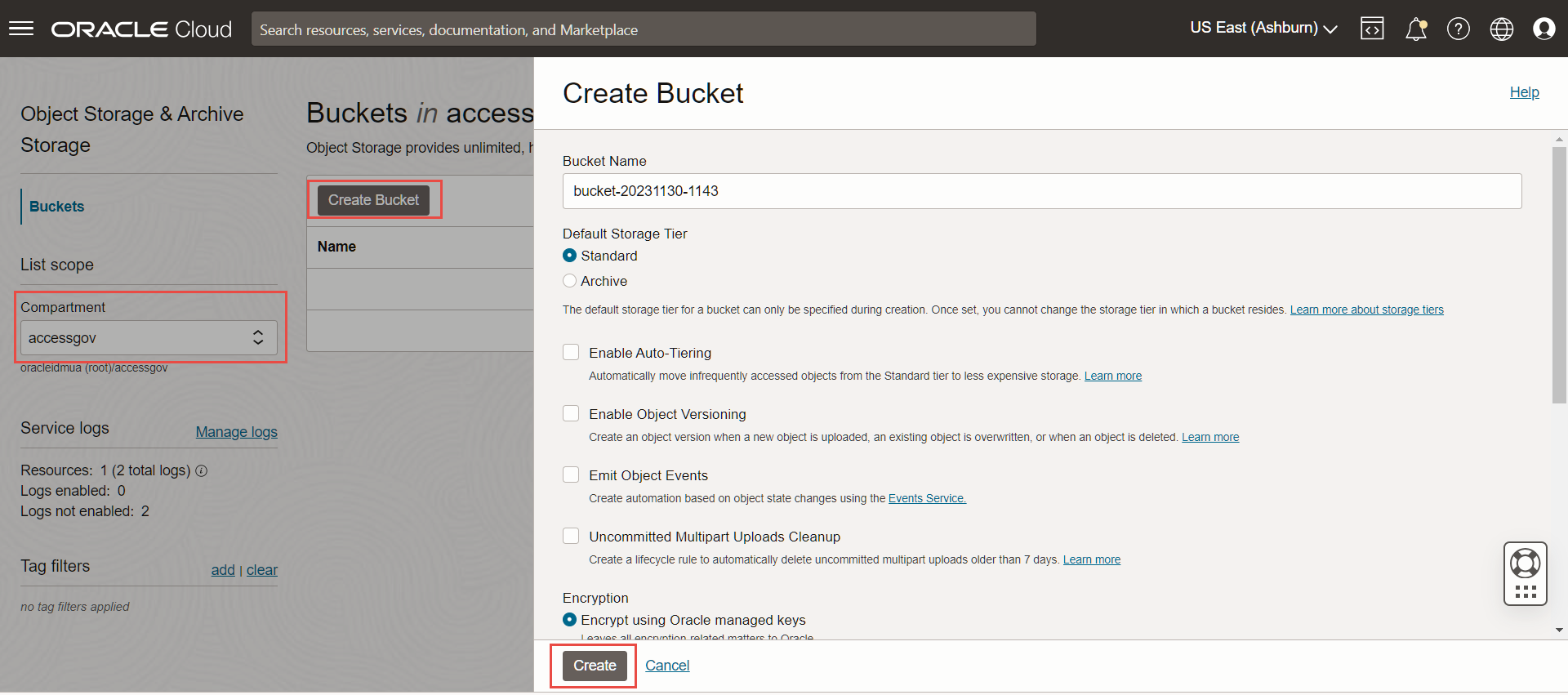 「バケットの作成」画面