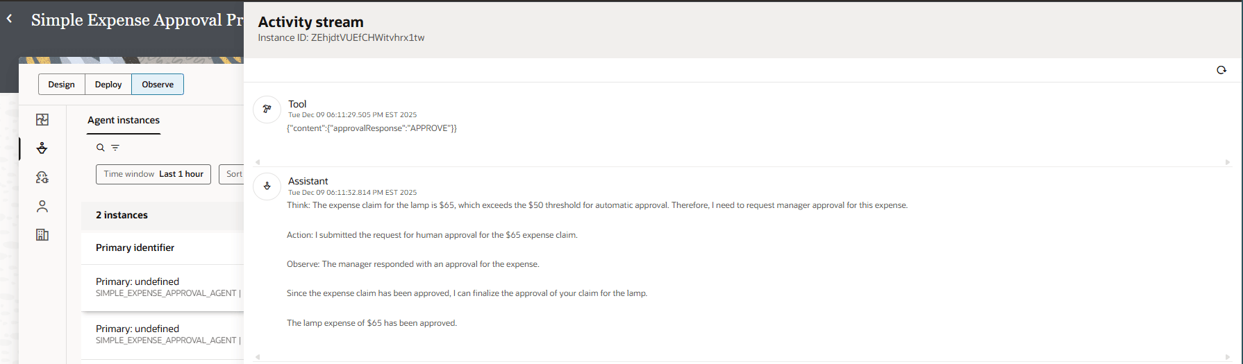 ツール・レスポンスとアシスタントの推論と結論を示すアクティビティ・ストリーム。