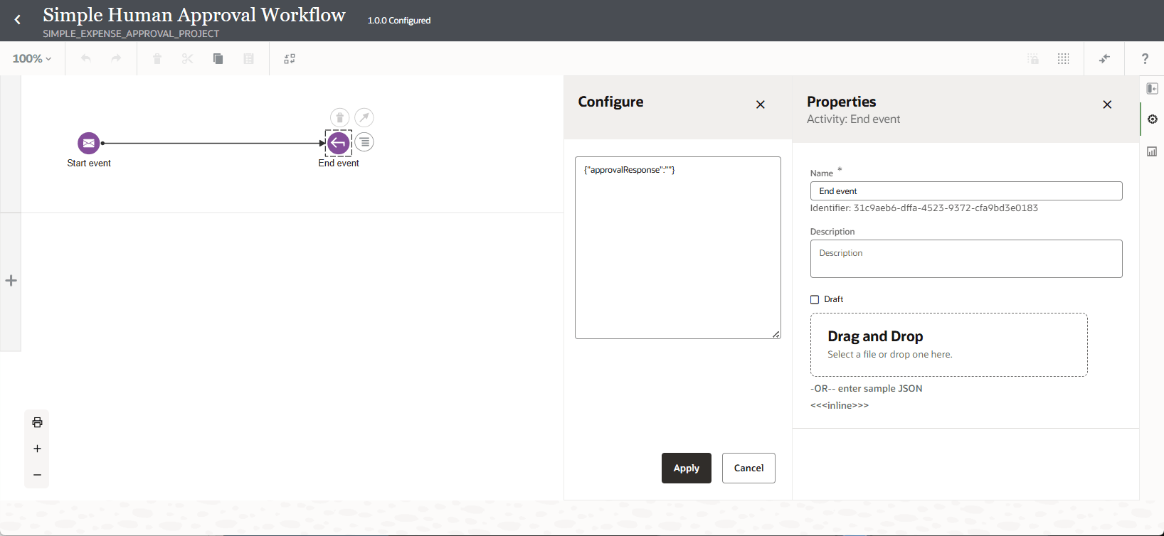 「Simple Human Approval Workflow」を表示するキャンバス。 メイン・キャンバスには、「開始イベント」というラベルの付いた開始イベント(エンベロープ・アイコン)が表示され、「終了イベント」というラベルの付いた終了イベント(円形の矢印アイコン)に矢印が接続されています。 終了イベントが選択され、破線の枠線およびコンテキスト・ボタンで示されます。 右側の「構成およびプロパティ」パネルには、終了イベントの名前、説明および出力ペイロード定義を編集するフィールドが表示されます。 ペイロードには、次のJSONオブジェクトが含まれます  
