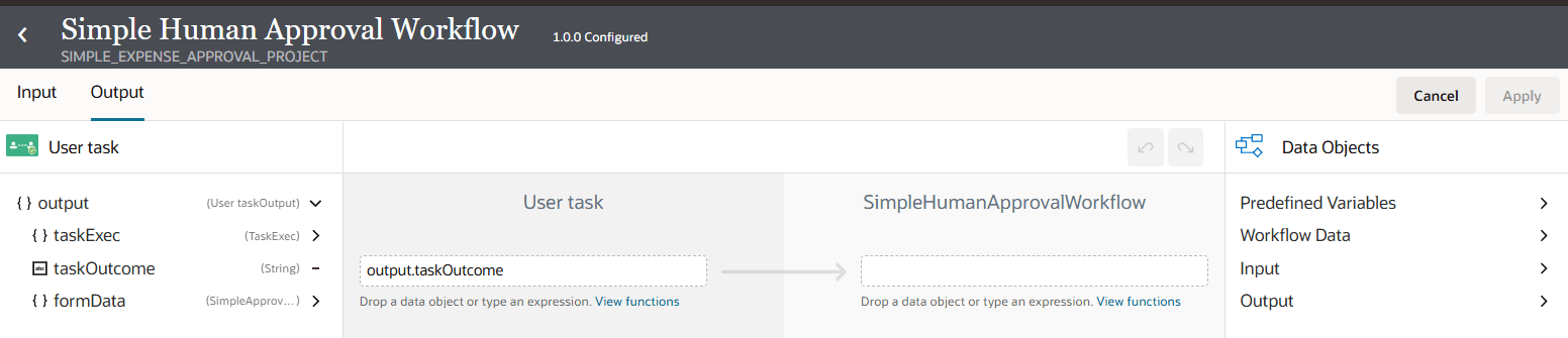 「Simple Human Approval Workflow」の「データ関連付け」画面。出力マッピング・タブが表示されます。 左側のパネルには、出力、taskExec、taskOutcome、formDataなどのユーザー・タスク出力変数がリストされます。 中央マッピング・エディタには、ユーザー・タスクからワークフロー内のフィールドにマップする準備ができた「output.taskOutcome」が表示されますが、関連付けはまだ設定されていません。 右側のパネルでは、事前定義済変数、ワークフロー・データ、入力および出力へのリンクを含む追加のデータ・オブジェクトにアクセスできます。 「取消」および「適用」ボタンが右上に表示されます。 
