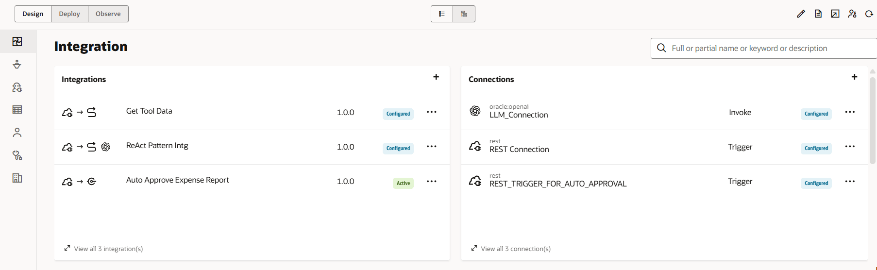 「ツール・データの取得」、「ReAct Pattern Intg」および「経費精算書の自動承認」の3つの統合を含む「統合」パネル。 各統合はバージョン1.0.0で構成されており、「経費精算書の自動承認」がアクティブとしてマークされています。 右側の「接続」パネルには、「LLM_Connection」(起動)、「REST接続」(トリガー)および「REST_TRIGGER_FOR_AUTO_APPROVAL」(トリガー)がすべて構成されています。 上部には検索とナビゲーションのオプションがあります。 